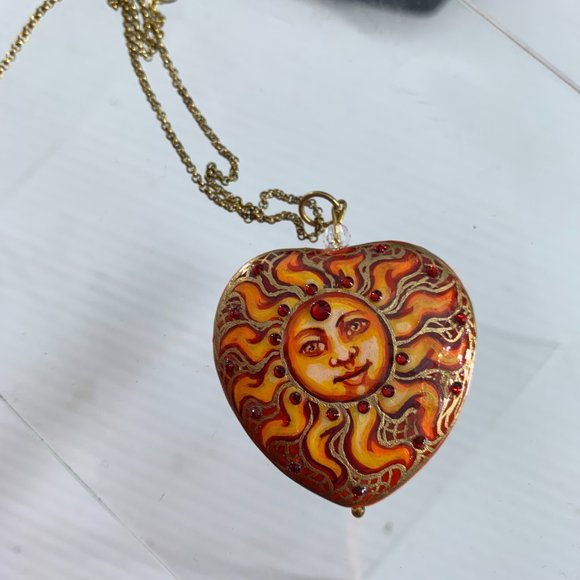 Tajan Co Heart Shaped Painted Stone Sun Pendant Necklace Rhinestones Celestial - Picture 2 of 5
